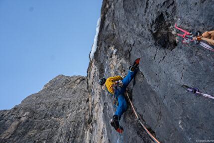 Mur de Pisciadù, Sella, Dolomites, Daniel Ladurner, Alex Piazzalunga - The first repeat of 'Hybrid' on Mur de Pisciadù in the Sella group of the Dolomites (Daniel Ladurner, Alex Piazzalunga 17/12/2024)